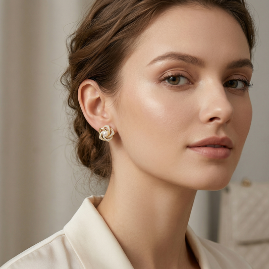 Blush Pearl & Zirconia Floral Gold Stud Earrings