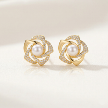 Blush Pearl & Zirconia Floral Gold Stud Earrings