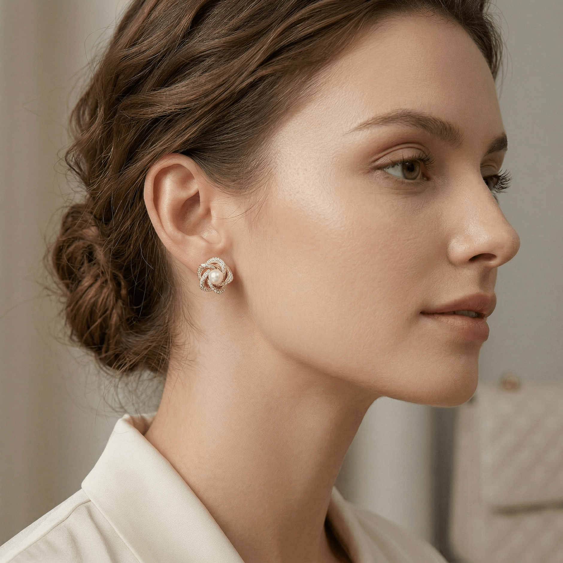 Blush Pearl & Zirconia Floral Gold Stud Earrings - Orlumea