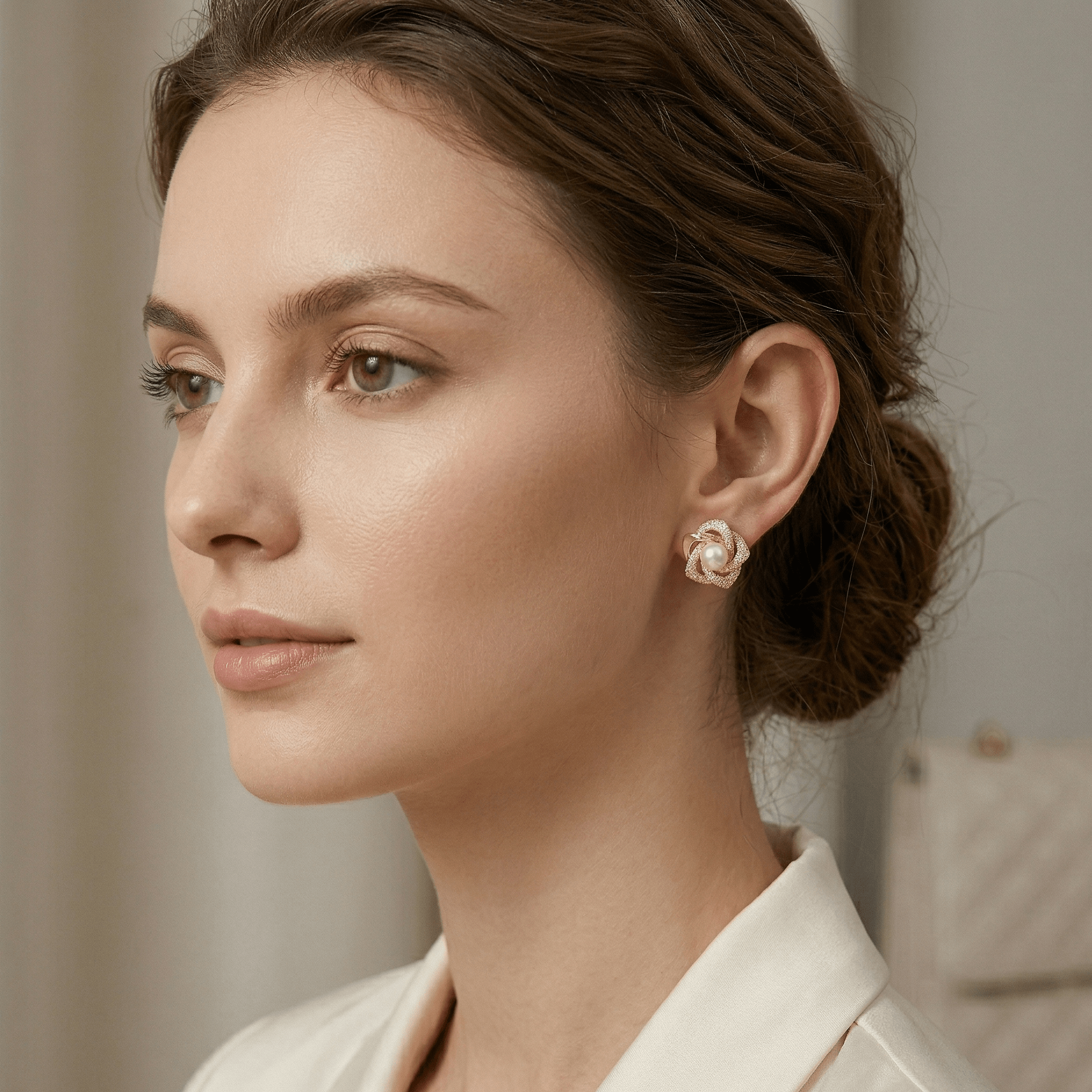 Blush Pearl & Zirconia Floral Gold Stud Earrings - Orlumea