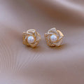 Blush Pearl & Zirconia Floral Gold Stud Earrings - Orlumea