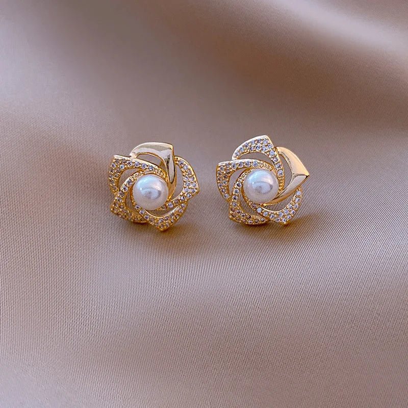 Blush Pearl & Zirconia Floral Gold Stud Earrings - Orlumea
