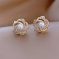 Blush Pearl & Zirconia Floral Gold Stud Earrings - Orlumea