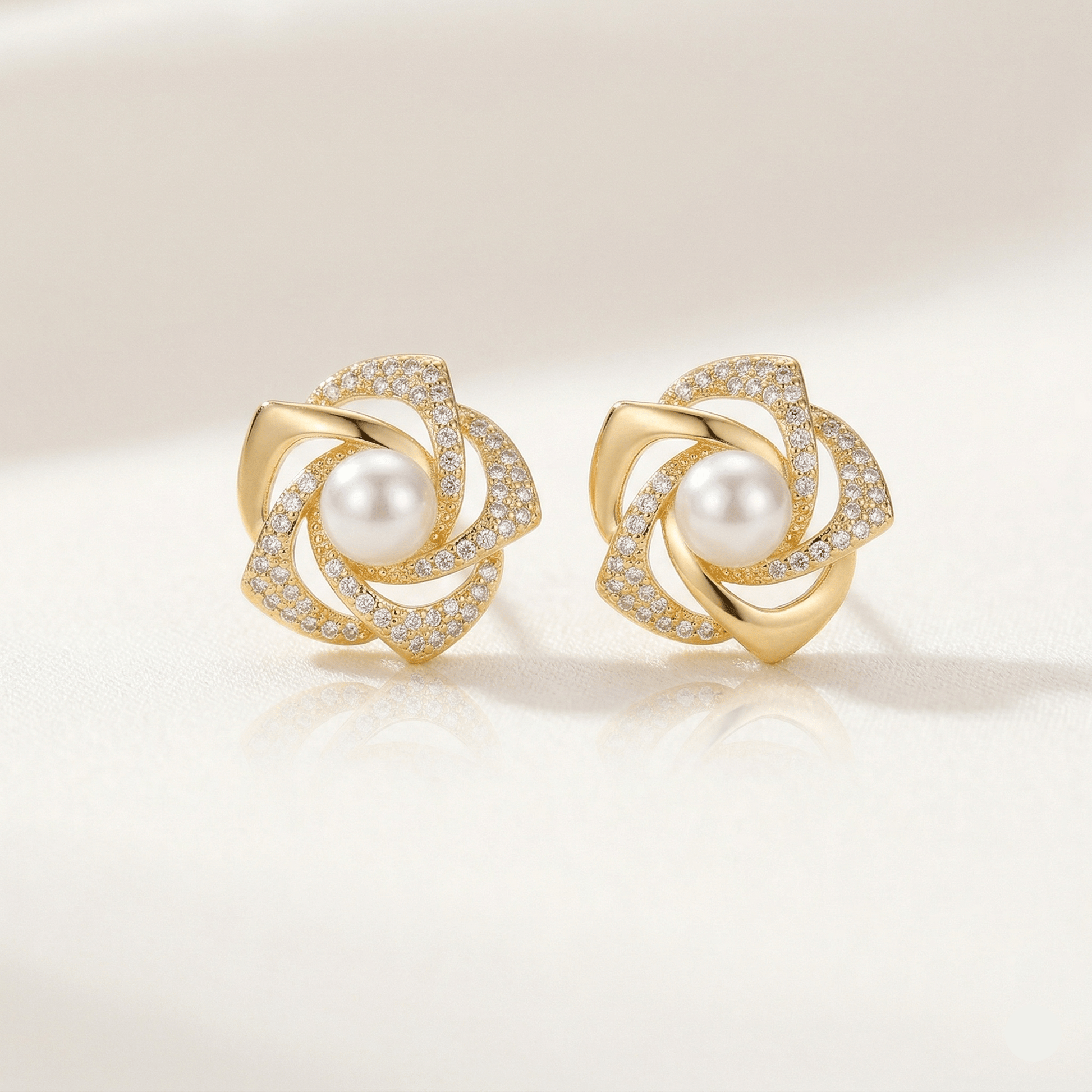 Blush Pearl & Zirconia Floral Gold Stud Earrings - Orlumea