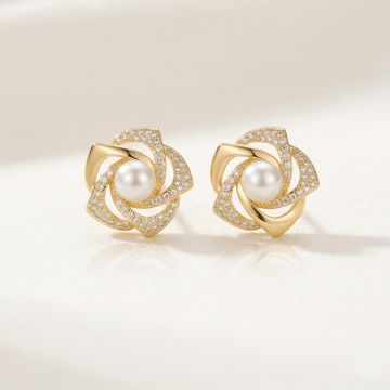 Blush Pearl & Zirconia Floral Gold Stud Earrings - Orlumea