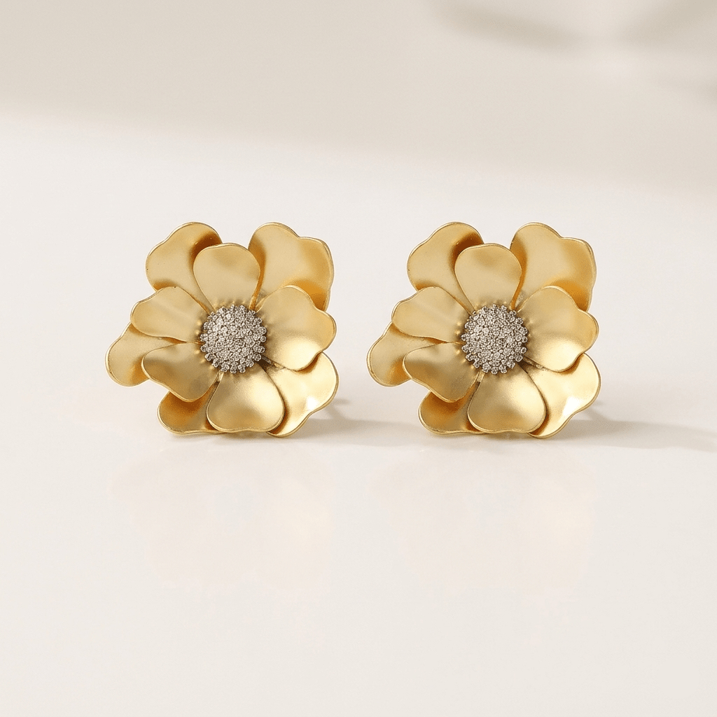 Golden Bloom Textured Floral Stud Earrings - Orlumea
