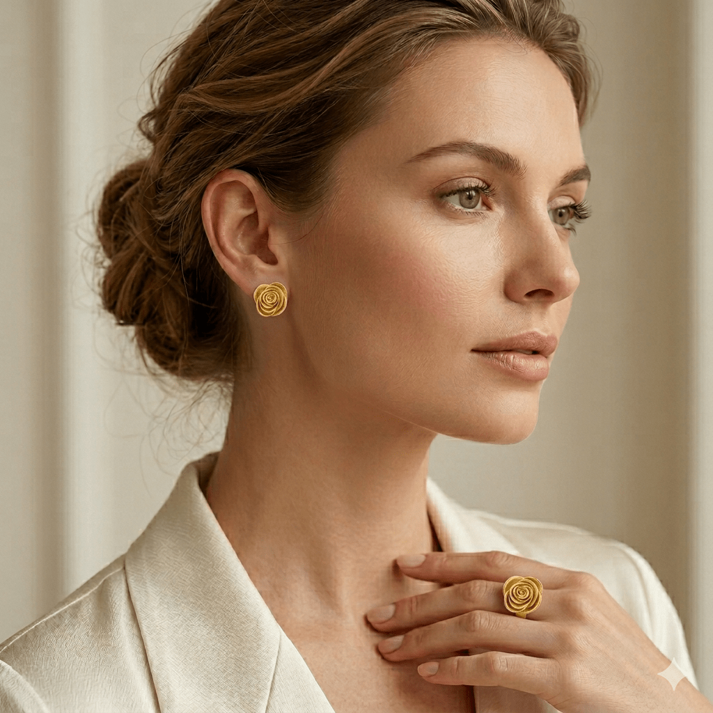 Golden Rose Petal Statement Stud Earrings - Orlumea