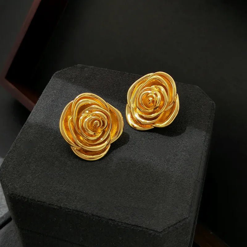 Golden Rose Petal Statement Stud Earrings - Orlumea