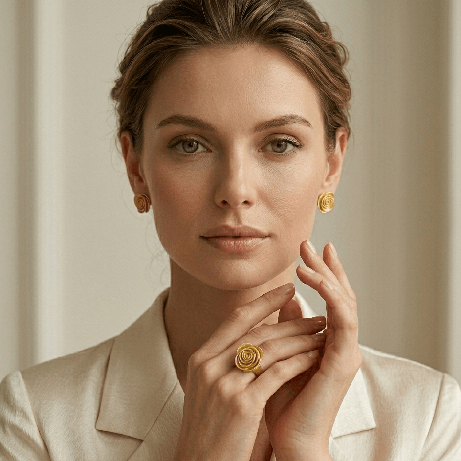 Golden Rose Petal Statement Stud Earrings - Orlumea